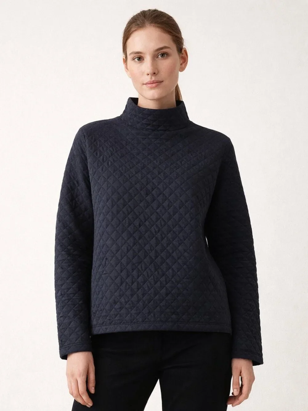 J.Crew Quilted Mockneck Pullover Top Size Large Black